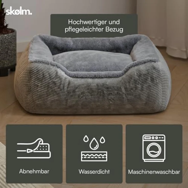 skølm Kuscheliges Hundebett Eir mit abnehmbaren Bezug, Hundekorb waschbar für kleine und mittelgroße Hunde, Hundekissen, Hundekörbchen Hundesofa 90x65 cm, Cordstoff grau – Bild 5
