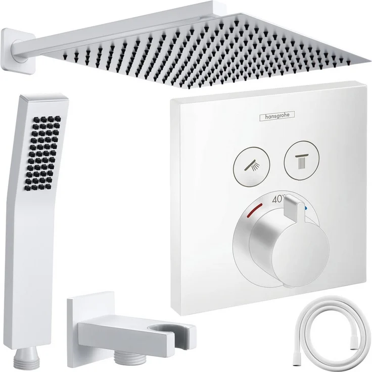 Hansgrohe ShowerSelect Unterputz Duscharmatur Set, Thermostat, Mattweiß, Regendusche mit Jowi Handbrause und Brauseschlauch, 300/360mm Kopfbrause
