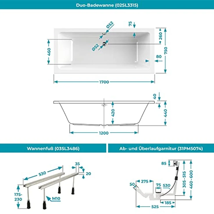 Calmwaters® Rechteck Badewannen-Set 170x75 cm mit Wannenfüßen & Ablaufgarnitur, Acrylwanne Modern Select, Körperformwanne, Set Badewanne komplett, 170 x 75 cm, Weiß, 99000293 – Bild 5