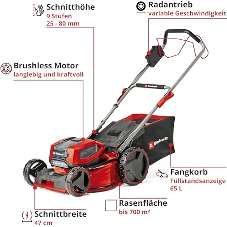 Einhell Akku-Rasenmäher GP-CM 36/47 S Li BL Kit Power X-Change (36 V, 47 cm Schnittbreite, bis 700 m², Brushless, 65 L Fangkorb, Radantrieb, inkl. 4x 4,0 Ah + 2x Twincharger) – Bild 3