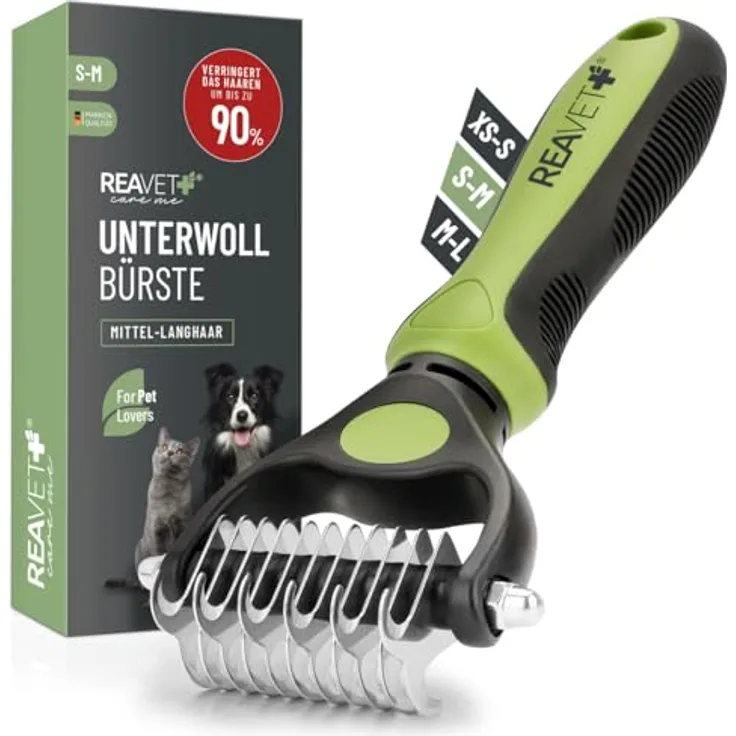 ReaVET Hundebürste & Katzenbürste Unterwollbürste für Langhaar I Mittlere Rassen (Größe S-M) I Entfernt Unterwolle & Verfilzungen I mit Massageffekt & Deckhaarschutz I Fellbürste für Hunde, Katzen