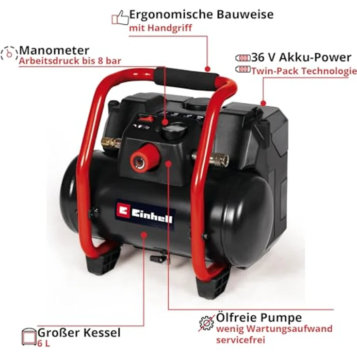 Einhell, Kompressor, Einh Akku-Kompressor TE-AC 36/150 Li OF-Solo (8 Bar, 6 l) in Blau – Bild 3