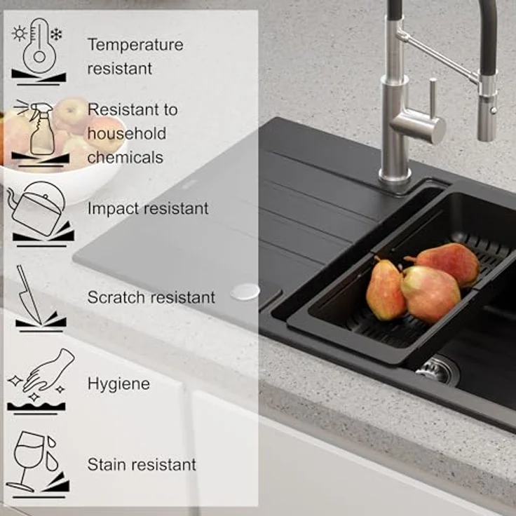 QUADRON PETER 111 Spülbecken 1-Becken Granitspüle, 78 x 50 x 20 cm, Soft Taupe, inkl. Siphon und integrierter Abtropffläche – Bild 3