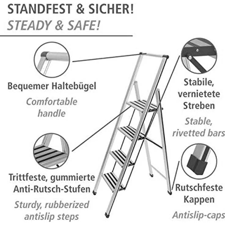 WENKO Leichte Aluminium Trittleiter mit 4 Stufen für 100 cm höheren Stand, rutschsichere XXL-Stufen, Design Klapptrittleiter mit 44 x 153 x 5,5 cm, Süd zertifiziert, matt silber – Bild 2