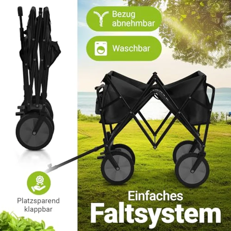 Juskys Faltbollerwagen, Transportwagen mit 100 kg Tragkraft, für Outdoor & Camping, schwarz mit Getränkehaltern – Bild 2