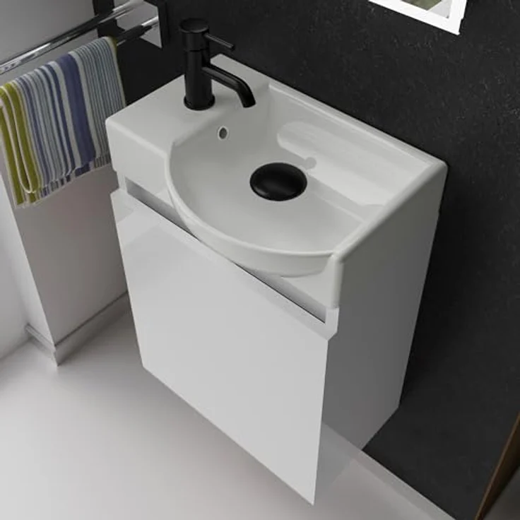 Alpenberger Waschbecken Gäste WC Waschbecken mit Unterschrank, Softclose-Funktion, 45 cm Breite, Weiss - Hängeschrank Vormontiert – Bild 4