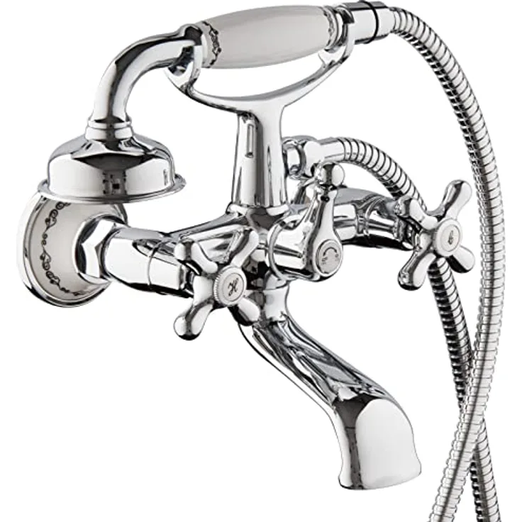 PaulGurkes Nostalgie Wannenarmatur, Retro Armatur im Landhaus Stil aus massivem Messing mit hochwertiger Verchromung und Keramikventilen, Wannenfüllarmatur mit Handbrause