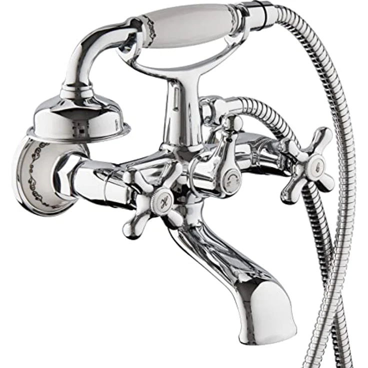 PaulGurkes Nostalgie Wannenarmatur, Retro Armatur im Landhaus Stil aus massivem Messing mit hochwertiger Verchromung und Keramikventilen, Wannenfüllarmatur mit Handbrause – Bild 1