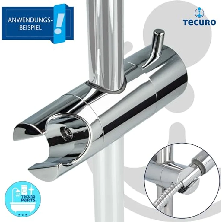 tecuro Brausehalter Design-Brausehalter für Wandstange Ø 18/20/22 & 25 mm, hochglanzverchromt mit 360° Drehung und Gleitschutzring – Bild 3