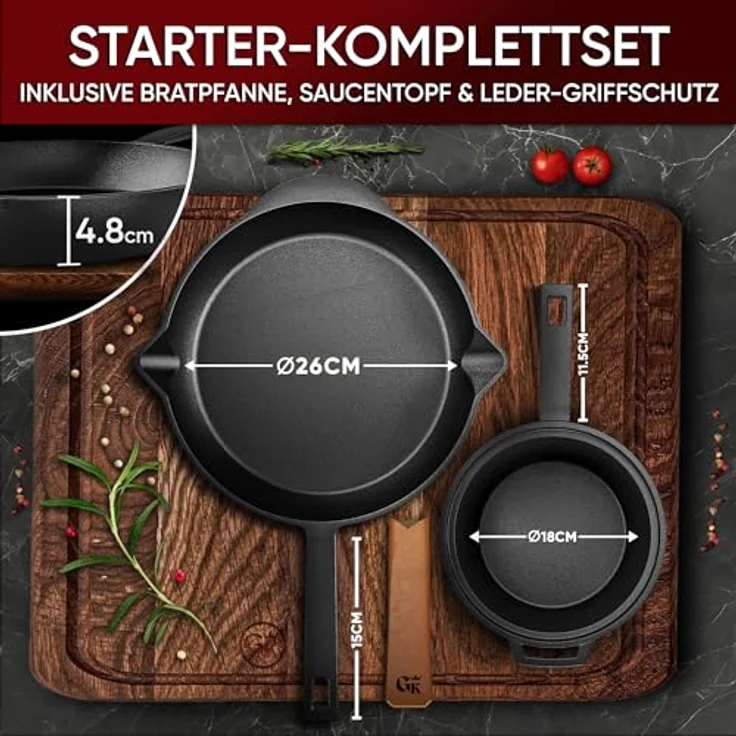 Gusskönig Dutch Oven Set 8-teilig - eingebranntes Gusseisen Topf Set mit Echtleder Griffschutz - inkl. Dutch Oven Rezeptbuch – Bild 4
