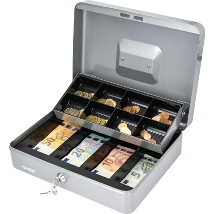 HMF 15130-09 Geldkassette Marktkassette 30 x 24 x 9 cm, silber, mit herausnehmbarem Münzeinsatz und Sicherheitszylinderschloss – Bild 3