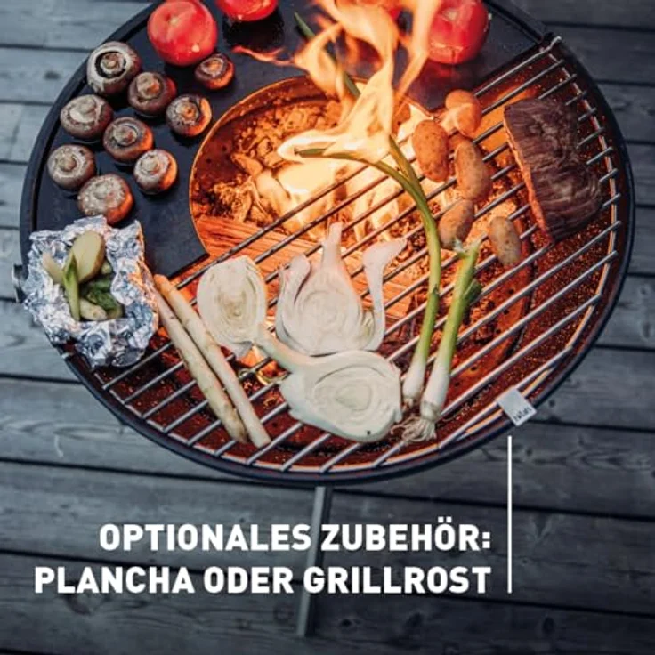 höfats Bowl 57 Feuerset Flex, raucharme Feuerstelle mit Plancha Grillplatte und Grillrost, kippbarer Feuerkorb, Stahl emailliert, schwarz, Ø 57 cm – Bild 4