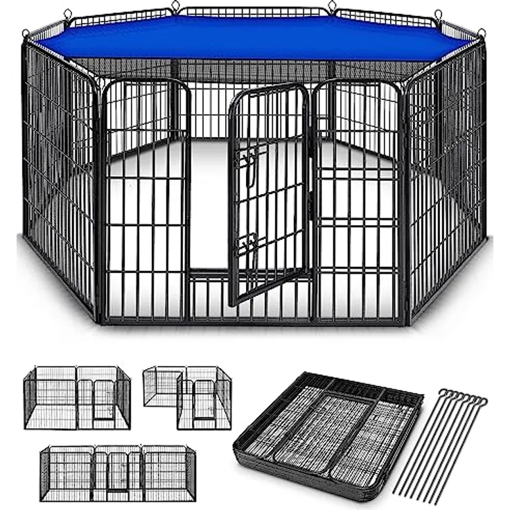 TRESKO® Welpenlaufstall 80 cm hoch inkl. 8X Erdanker | Welpenauslauf 8-teilig | Hundelaufstall faltbar mit Tür | Aufbau werkzeugfrei | Tierlaufstall Hunde wetterfest