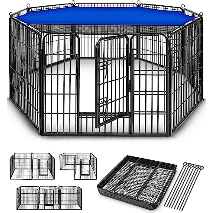 TRESKO® Welpenlaufstall 80 cm hoch inkl. 8X Erdanker | Welpenauslauf 8-teilig | Hundelaufstall faltbar mit Tür | Aufbau werkzeugfrei | Tierlaufstall Hunde wetterfest – Bild 1