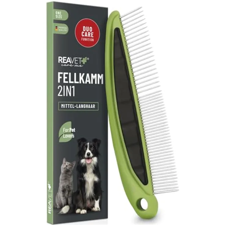 ReaVET 2-in-1 Fellkamm für Hunde & Katzen mit Mittel- bis Langhaar I Doppelkamm, Ideal um Knoten & Verfilzungen zu lösen I Hund, Katze, Hundekamm, Katzenkamm für die tägliche Fellpflege