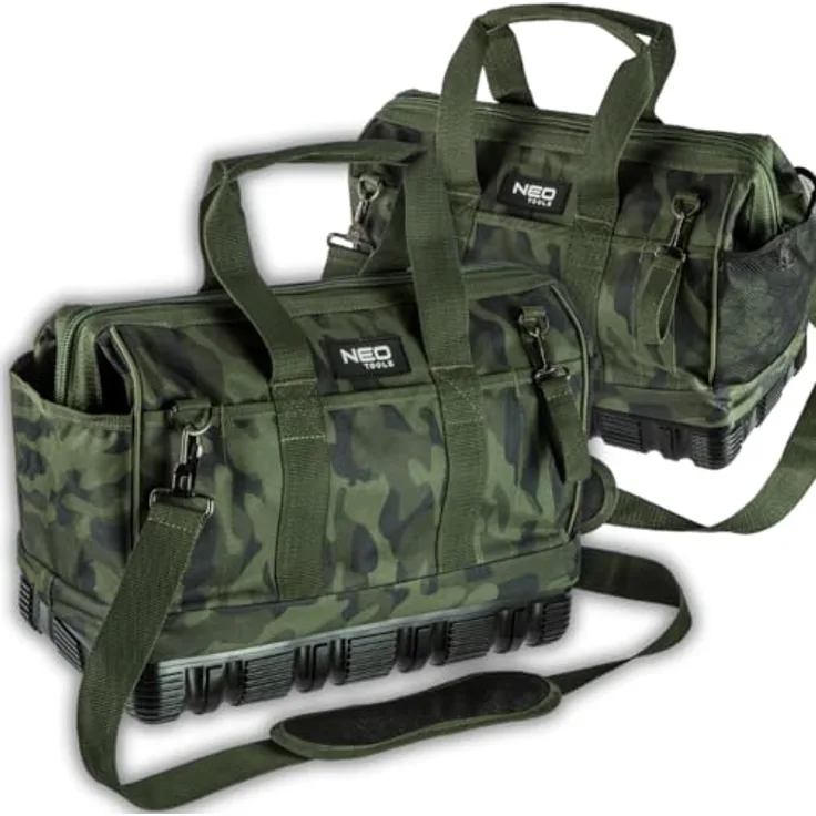 NEO TOOLS Werkzeugkoffer CAMO, Profi-Handwerkertasche 100% Nylon 600D, wasserdichter Boden, 40 x 22 x 33 cm, regulierbarer Schultergurt, Außentaschen