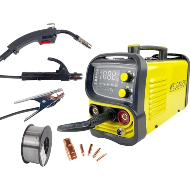 WELDINGER Fülldrahtschweißgerät ME 130 mini Flux IGBT Schweißgerät, 20,00 - 130,00 A, Einsteigerset, 10-tlg., 4 in 1 Kombigerät, geeignet für Edelstahl Fülldraht, schwarz – Bild 2