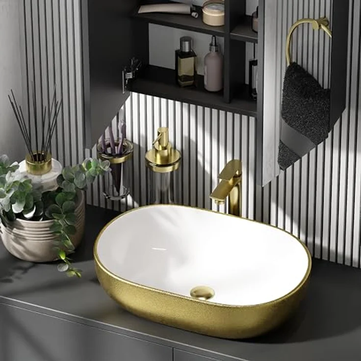 Planetmöbel Aufsatzwaschbecken Aquil Deluxe, ovales Keramikwaschbecken, 60 cm, gold, für Waschtisch ohne Hahnloch und Überlauf – Bild 6