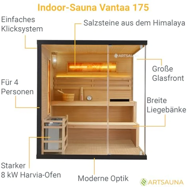 Artsauna Sauna Vantaa 175, BxTxH: 175 x 140 x 190 cm, 5 mm, 2 große Salzsteine, Ambientebeleuchtung, Schwarz/Natur, 8 kW Ofen und Saunasteine, 4 Personen Saunakabine – Bild 4
