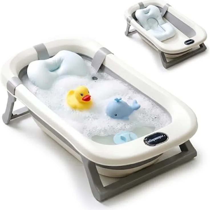 Relaxdays Babybadewanne Klappbar, Kunststoff Cremeweiß Grau, Rutschfest mit Kissen, 20 cm x 78 cm x 50 cm