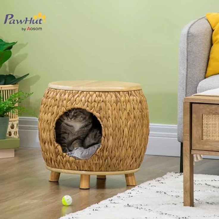 PawHut Tierhaus Katzenhöhle mit waschbarem Kissen, hellbraun/naturholz/grau, für drinnen und draußen, bis 80 kg belastbar – Bild 2