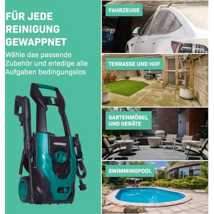 VONROC Hochdruckreiniger Fasadenreiniger 1400 W, max. 110 bar, 390 l/h, inkl. 12-tlg. Zubehör-Kit & Reinigungstank – Bild 4