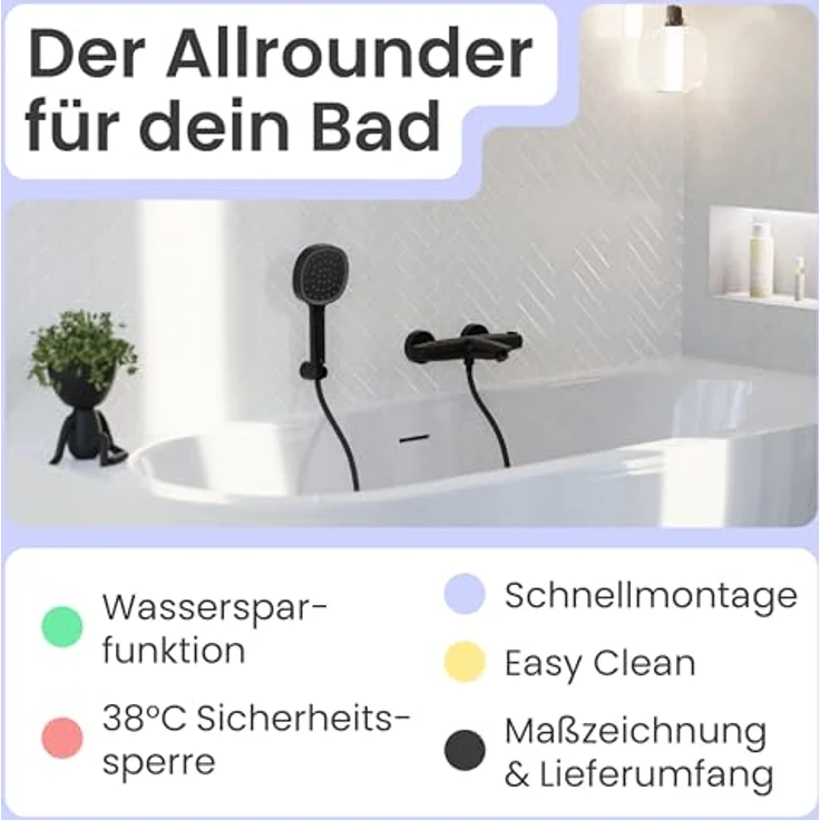 instmaier Beatrice Badewannenarmatur mit Thermostat, schwarz matt, Duscharmatur aus Messing, Verbrühschutz, Wannenfüllarmatur – Bild 2