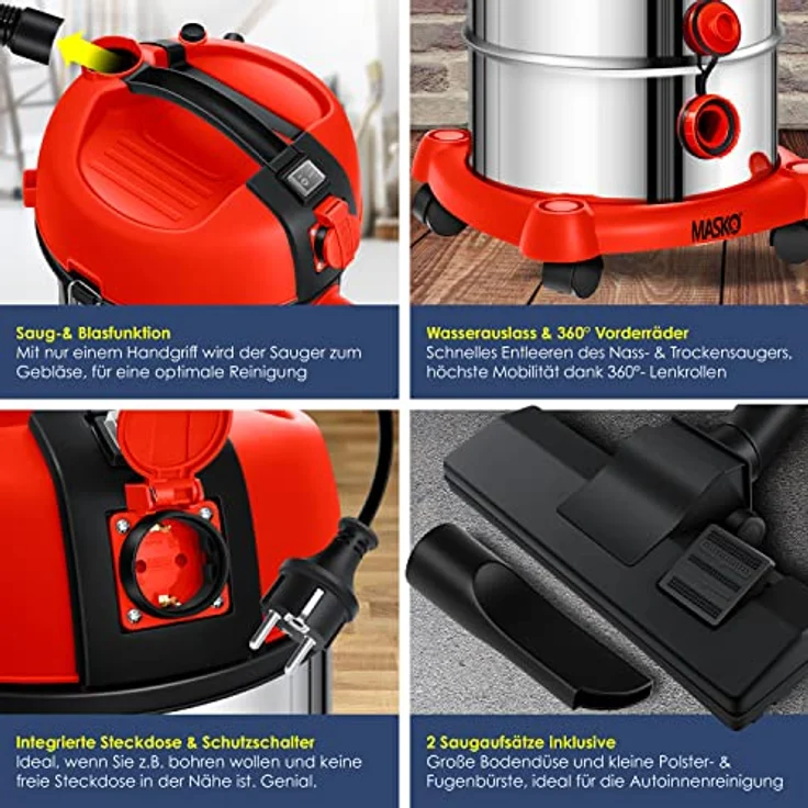 Masko® Industriestaubsauger Staubsauger Nass Trocken Sauger Edelstahl 2300W + Steckdose | Blasfunktion | Trocken-Saugen & Nass-Saugen | Push&Clean | Industrie-Sauger mit & ohne Beutel | beutellos – Bild 3