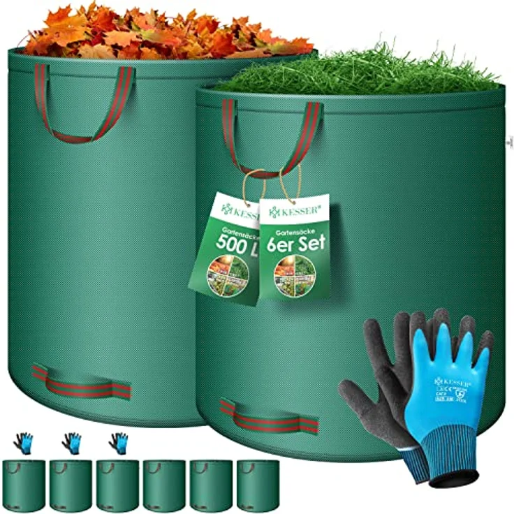 KESSER® Gartensack Set 6X 500L, selbststehend, stabil und faltbar, grün, inkl. Handschuhe, ideal für Gartenabfälle und Grünschnitt – Bild 1