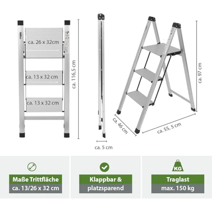 TRUTZHOLM Alu Trittleiter 2-stufig, klappbar, bis 150 kg Traglast, Aluminium Silber, Anti-Rutsch Trittflächen, TÜV/GS geprüft, leicht und platzsparend (5 cm schmal) – Bild 3