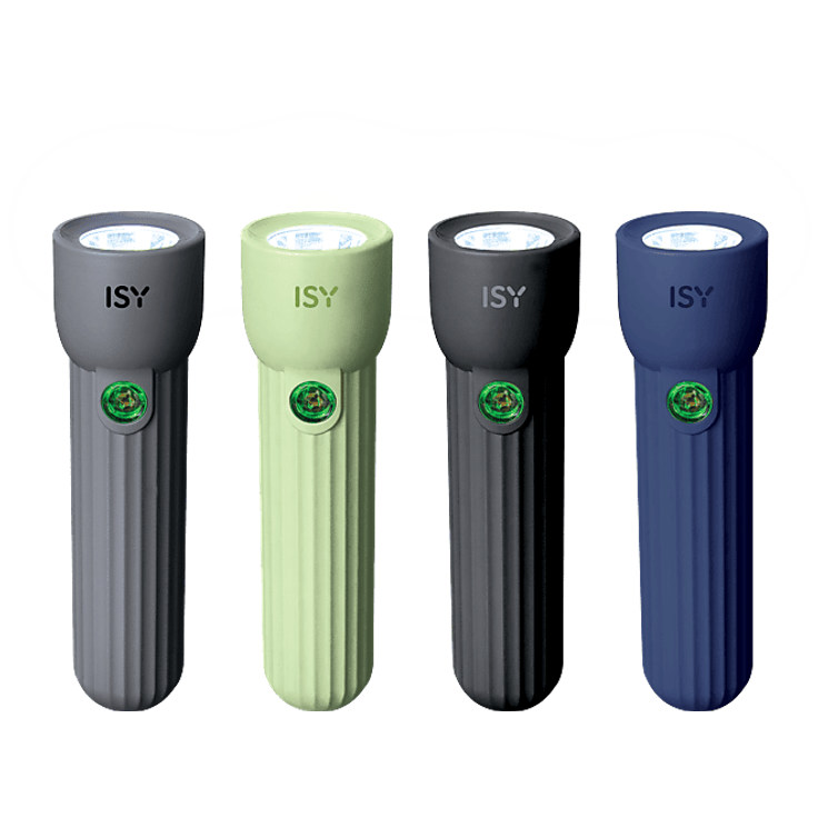 ISY IFL-400, sortierte Taschenlampe mit 3 Leuchtmodi (Hoch 60 Lumen, Niedrig 20 Lumen, Stroboskop), wiederaufladbar, verschiedene Farben (schwarz, grau, blau, grün)