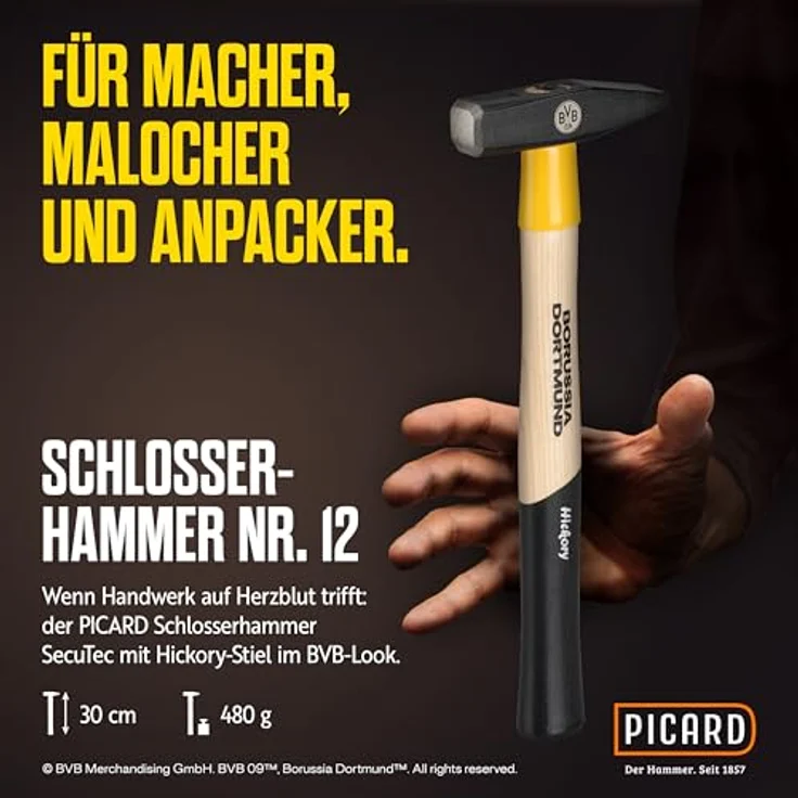 PICARD Schlosserhammer 300g SecuTec, BVB-Look mit Hickory-Stiel und korrosionsgeschütztem Kopf – Bild 2
