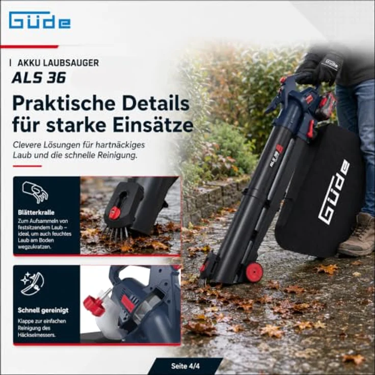 Güde Akku Laubsauger ALS 36-0, 18V Laubbläser mit 245 km/h Blasgeschwindigkeit, Häcksler-Funktion und 45 l Laubfangsack – Bild 2