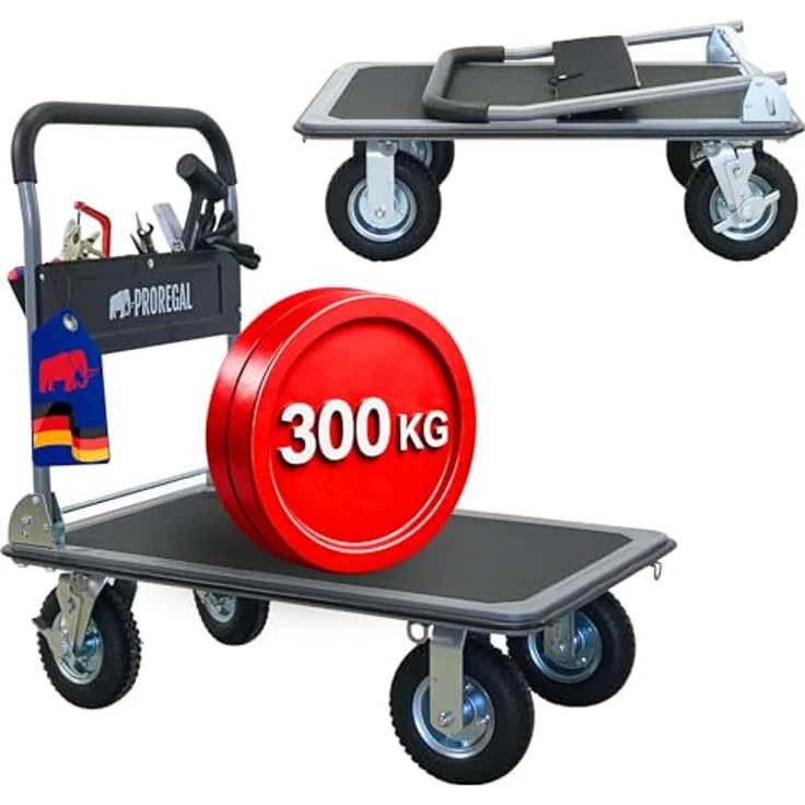 PROREGAL® Transportwagen RHINO 300, Klappbarer Profi-Transportwagen mit 2x 360° Lenkrollen, 2x Bockrollen & Feststellbremse, Traglast bis 300 kg, rutschfeste Ladefläche 78x60 cm – Bild 1