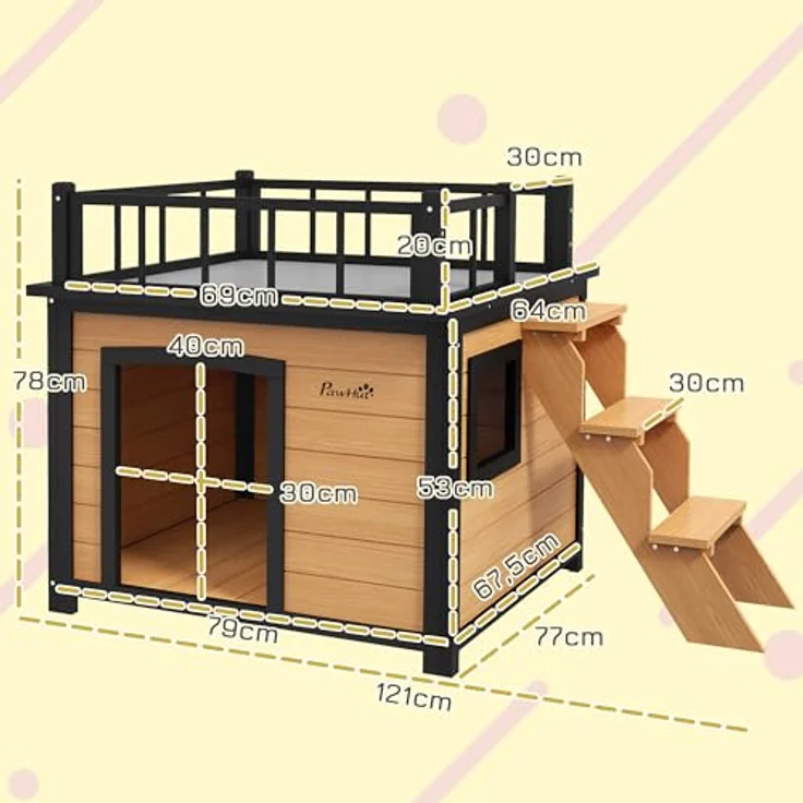 PawHut Hundehütte Hundehaus mit Balkon, Tannenholz, für Kleine und Mittele Hunde, 121L x 77B x 78H cm – Bild 5
