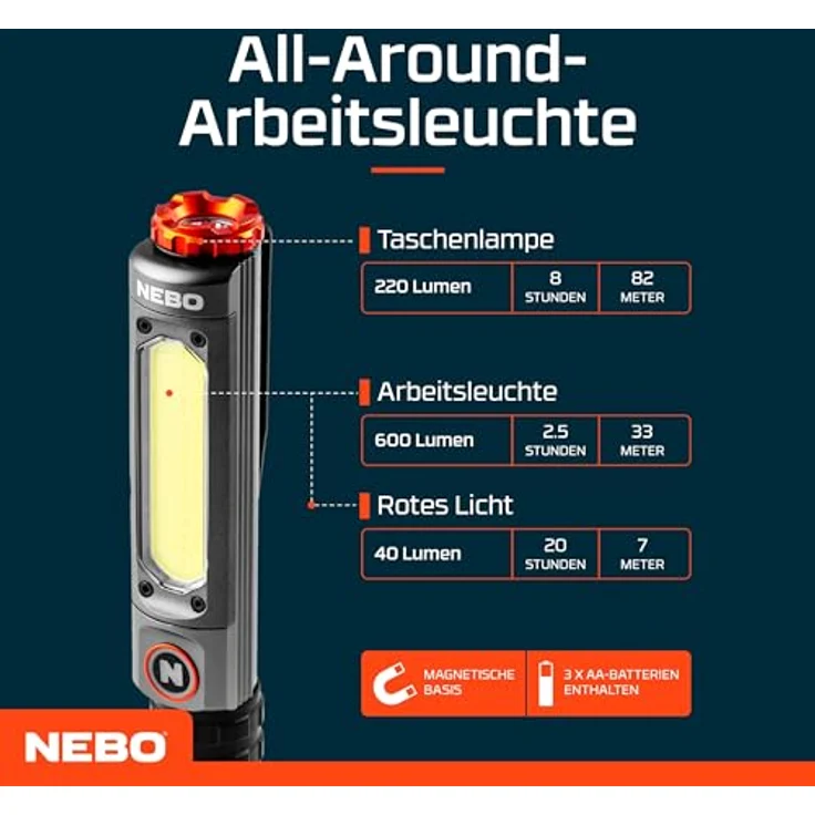 NEBO Big Larry 3, 600 Lumen LED-Taschenlampe mit COB-Arbeitslicht, dimmbar, batteriebetrieben, Magnetfuß, wasserdicht und stoßfest – Bild 5