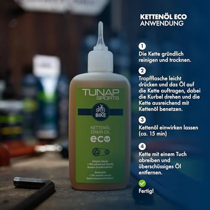 TUNAP SPORTS Kettenöl eco - 100 ml Tropfflasche, biologisch abbaubar, Leichtläufige Langzeit-Schmierung, über 90% nachwachsende Rohstoffe, E-Bike Ready, Made in Germany – Bild 3