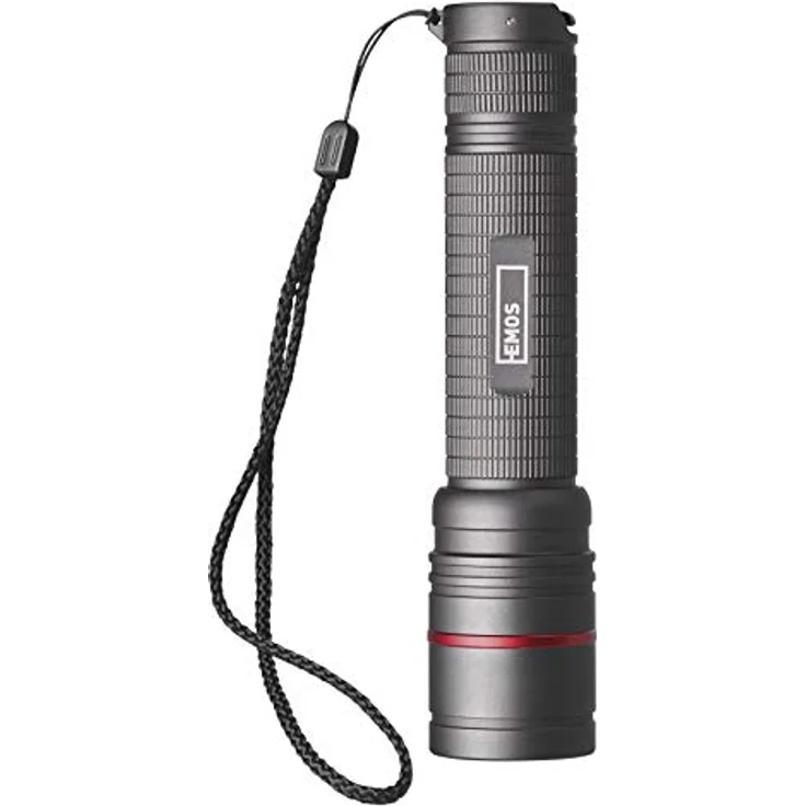 EMOS aufladbare Metall-Taschenlampe mit Fokus, superhelle 600 lm CREE-LED taktische Handlampe mit 230 m Leuchtweite, wasserdichte Akku-Handlampe mit 3 Lichtmodi, Band und Beutel, schwarz, ULTIBRIGHT – Bild 2