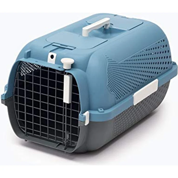 Catit Voyageur Transportbox, Tiertransportbox für Katzen mit Streichelklappe und Futternapf, blau-grau – Bild 1