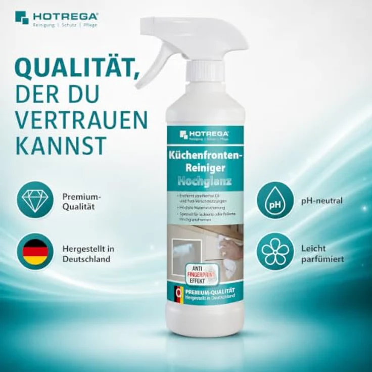 HOTREGA® Küchenfronten Reiniger, Hochglanz-Oberflächen 500ml mit Anti-Fingerprint Effekt inkl. Microfasertuch – Bild 7
