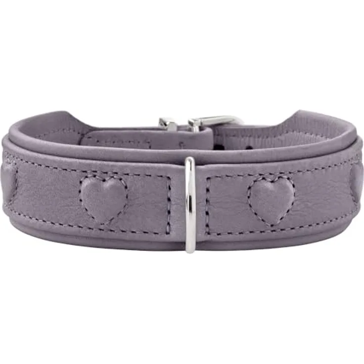 HUNTER Hundehalsband SOHO X Love, Flieder-grau, Rindsleder, weich & geschmeidig, gepolstert & fellschonend, eingenähte Herzen, leicht, Made in Germany, Größe: 32