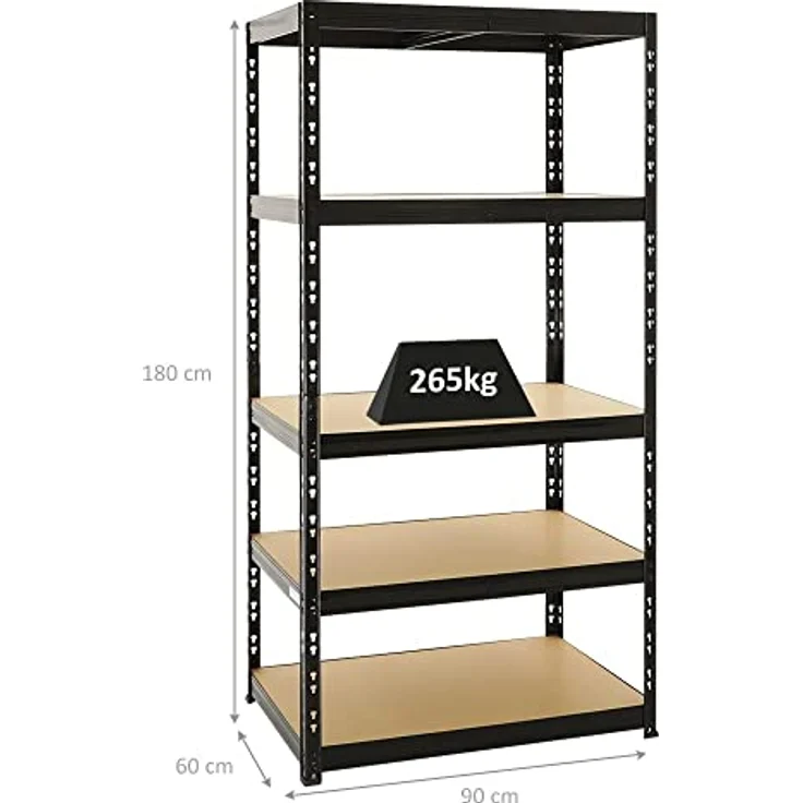 Proregal Schwerlastregal Tiger, 180 x 90 x 60 cm, Traglast 265 kg pro Boden, 5 höhenverstellbare Böden, Steckmontage, Schwarz – Bild 2