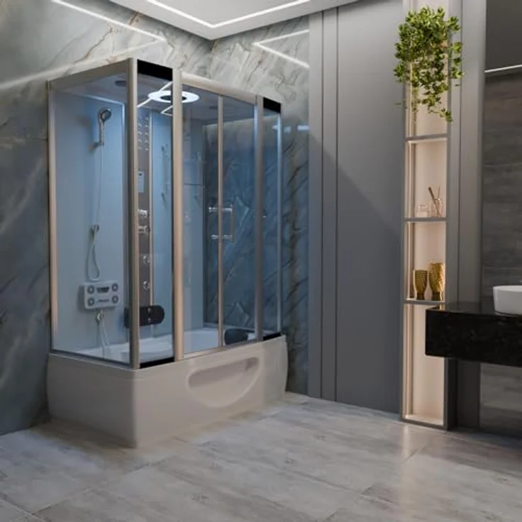 TroniTechnik Eckdusche IKARIA Acrylbadewanne mit Rundum- Sicherheitsglas, Farblichttherapie, BxT: 135x80 cm, Komplettdusche inkl. Farblicht, Radio, und Massagefunktion, Whirlduschkombination mit Sanitäracryl, 135cm x 80cm x 220cm, Sicherheitsglas, integri – Bild 3