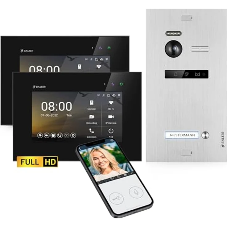 Balter EVO HD Video Türsprechanlage, Komplettset für Einfamilienhaus mit 7-Zoll HD Monitor, Full HD Kamera, Smartphone App, Schwarz – Bild 1