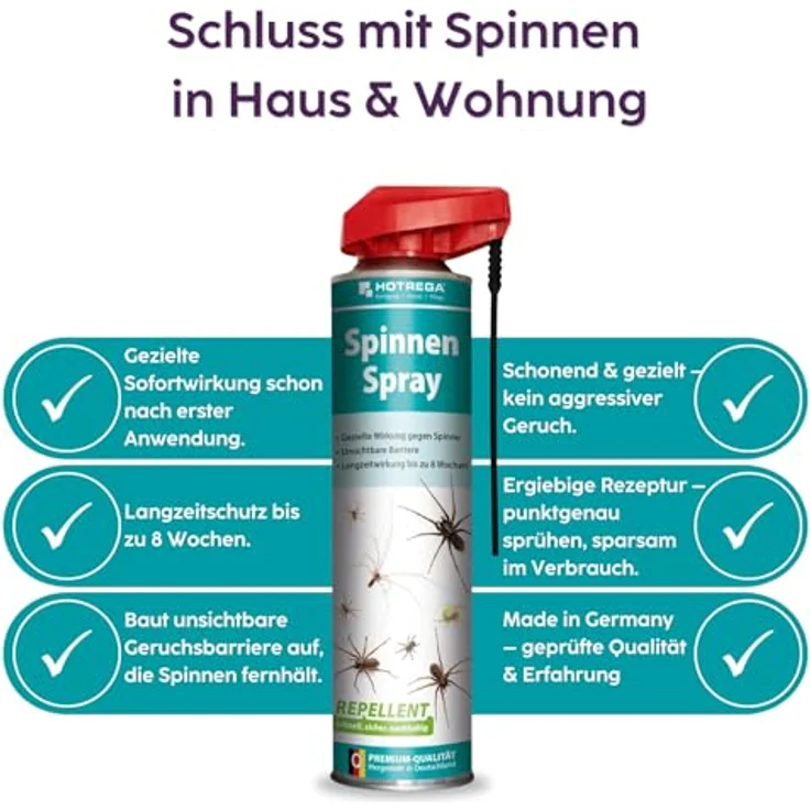 HOTREGA Spinnen Spray 600 ml, zuverlässige Spinnenabwehr mit Langzeitwirkung bis zu 8 Wochen und natürlichen Wirkstoffen – Bild 2