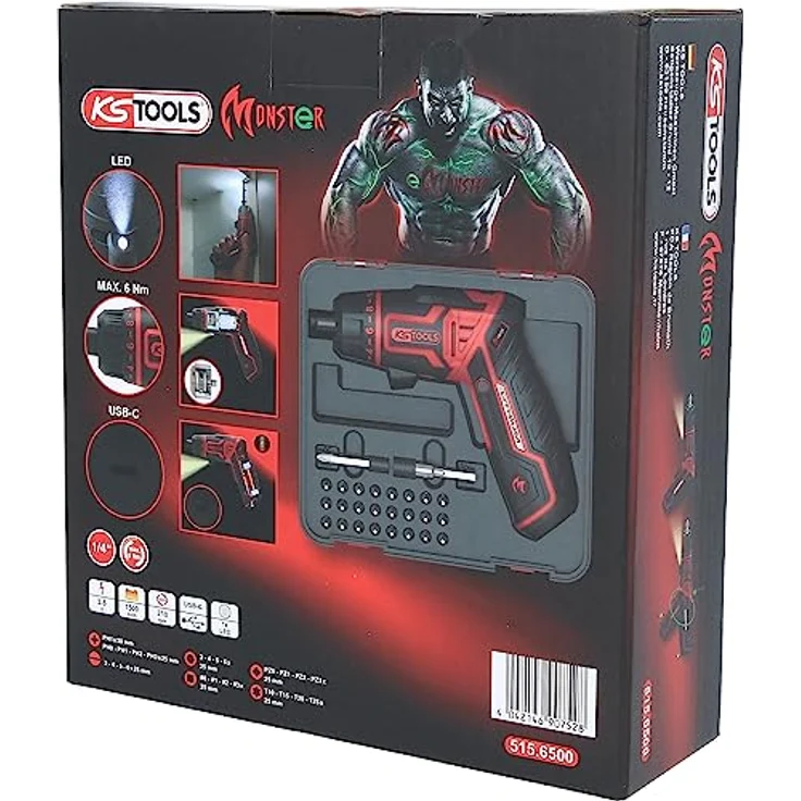 KS Tools eMONSTER 1/4“ Akku-Bit-Schrauber-Satz, 27-tlg., 3,6V mit ergonomischem Griff, USB-C aufladbar, Drehmomentvorwahl, LED-Arbeitslicht, in Kunststoffbox – Bild 10