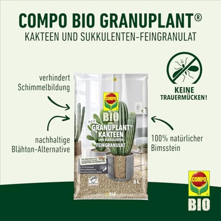 COMPO Bio GRANUPLANT® Kakteen Pflanzgranulat, 6 L, Granulat aus 100 % natürlichem Bimsstein, grau/beige