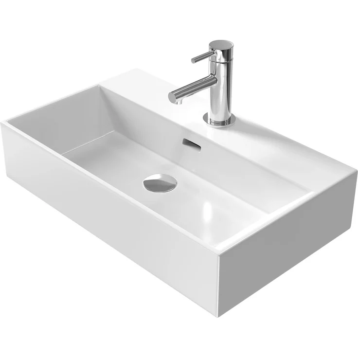 Emke Handwaschbecken Keramik Aufsatzwaschbecken, weiß, mit Hahnloch, 60 x 36 x 13 cm, strukturierte und antibakterielle Oberfläche, wandmontierbar