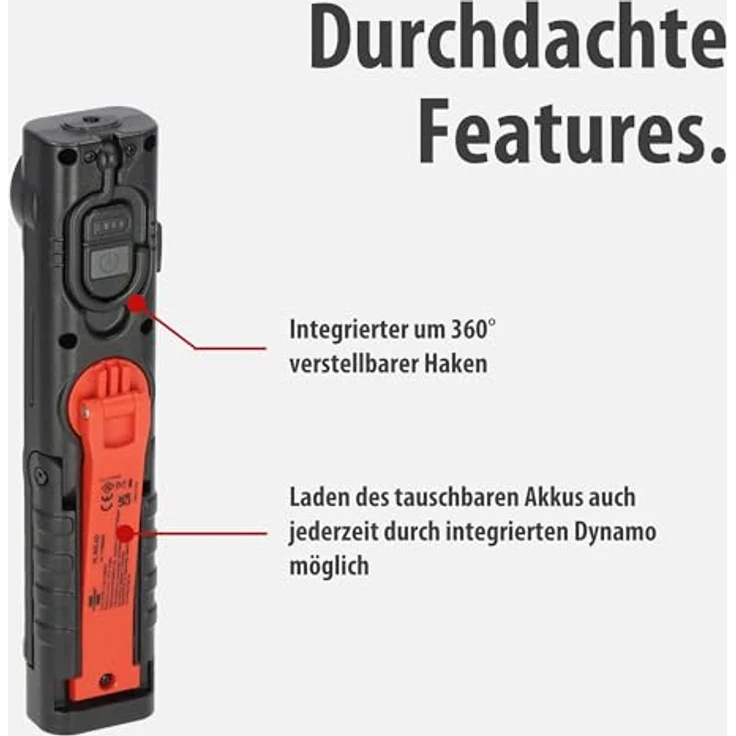 Brennenstuhl Akku LED Handlampe HL 600 AD/Dynamo, Werkstattlampe mit USB C Kabel, 600+180lm, IP54, IK08, bis zu 15h Leuchtdauer, integrierter Haken und Magnete – Bild 6