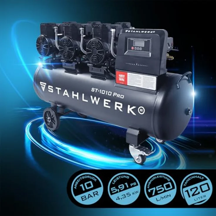 STAHLWERK Kompressor ST-1010 Pro, ölfrei, 120 L Kesselvolumen, 5,91 PS, 750 l/min, 72 dB Lautstärke – Bild 3